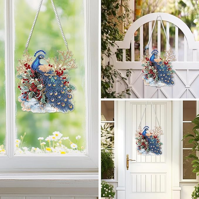 EOBROMD Diamond Hanging Art Kits for Adults, Peacock Flower Diamond Art Painting Suncatcher, DIY Special Shaped Rhinestone Kits for Adults, Window Pendants Home Garden Wall Hanging Ornament