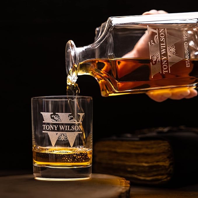 Gifts Inscribed Personalized Whiskey Decanter Set - Engraved Whiskey Decanter Bottle & Set of 2 Custom Drinking Glasses Laser Etched - Customized Whisky Gift for Wedding, Birthday, Fathers Day