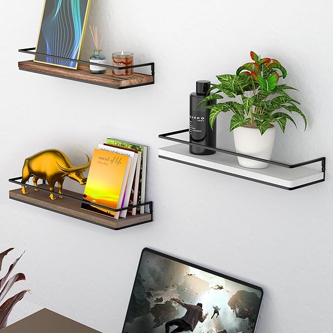 Meangood Floating Shelves Wall Mounted Set of 2, Rustic Wood Wall Storage Shelves for Bedroom,Living Room,Bathroom, Kitchen Brown