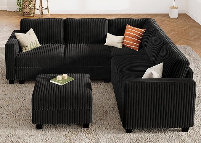 HONBAY Corduroy Modular Sectional Couch with Storage L-Shaped Sectional Couches for Living Room 6 Seater Modular Sectional Sofa, Black