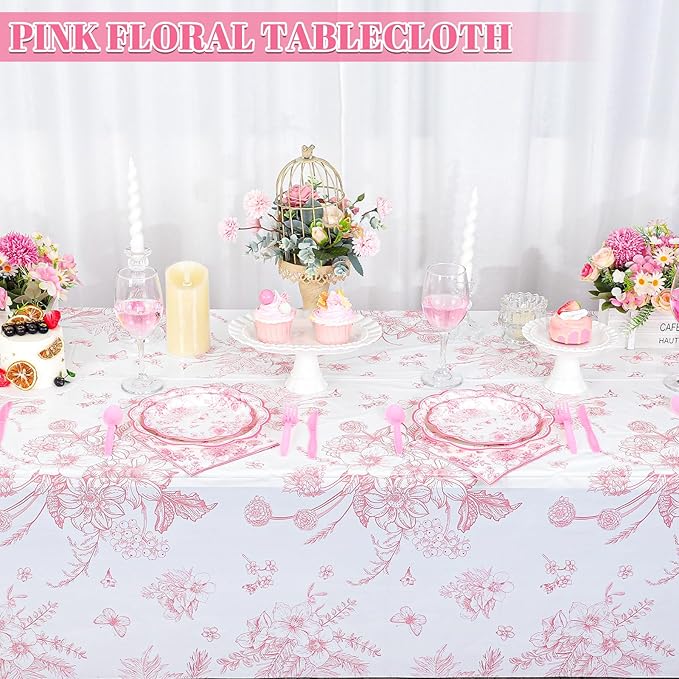3 Pack Pink Floral Plastic Tablecloths, 54 X 108Inch Tea Party Tablecloth Disposable Vintage Table Cloths Pink and White Porcelain Tables Decor for Birthday Garden Wedding Tea Party Supplies