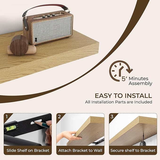 RICHFOCUS 55Inch Floating Shelves for Wall 1 Pack Shelves for Bedroom|Kitchen|Bathroom Wall Mounted Rustic Wood Floating Shelf with Invisible Brackets for Books|Storage|Decor, Oak