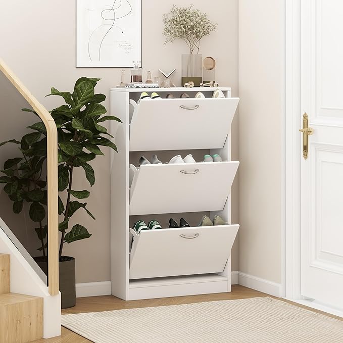 Shoe Storage Cabinet with 3 Flip Drawers, Narrow Shoe Cabinet Freestanding Slim Shoe Storage Organizer for Entryway, Hallway, Entrance, Bedroom, Living Room, White