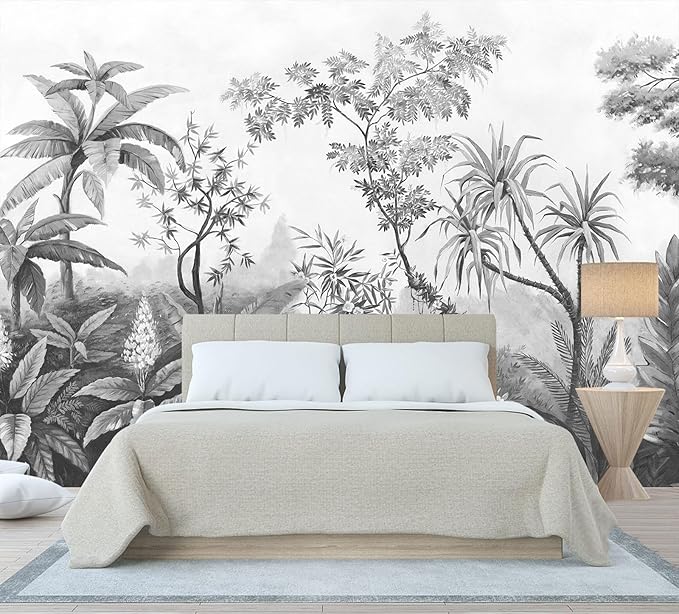 Gray Tropical Rainforest Botanical Wallpaper Bedroom Hand-Painted Oil Painting Jungle Plant Wall Mural Living Room (Not Peel and Stick)