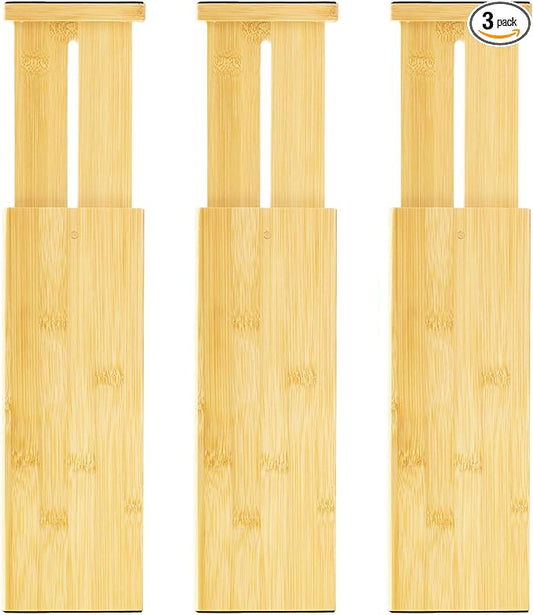 VaeFae 3 Pack Bamboo Drawer Dividers, 4" High Adjustable 11.9-17.1" Clothes Drawer Organizers, Expandable Separators for Bedroom/Bathroom/Kitchen/Office Storage
