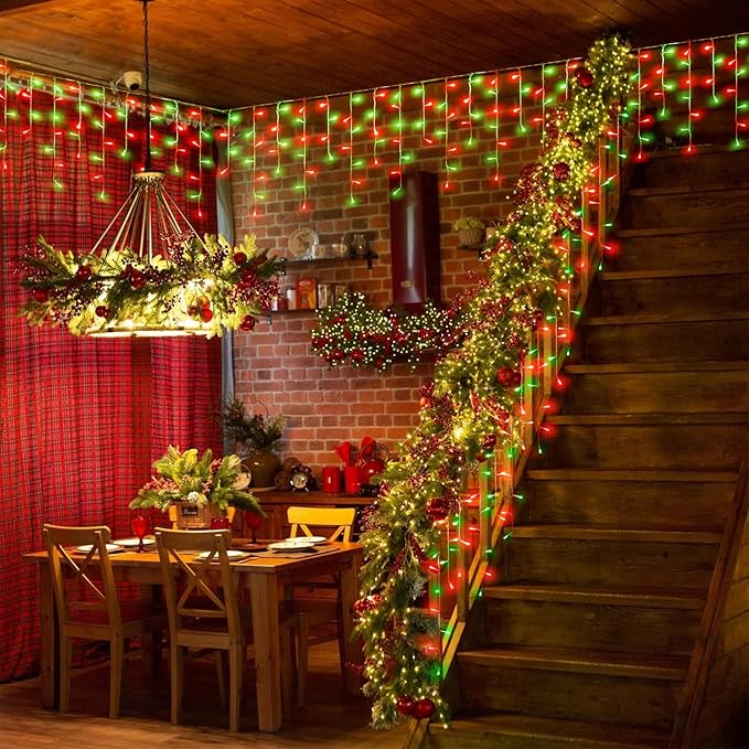 33ft Red and Green Christmas Lights, 400 LED Icicle Lights for Outside, Clear Wire Connectable Twinkle Light with 8 Modes Timer Waterproof for House Window Party Tree Holiday Patio Yard Home Decor