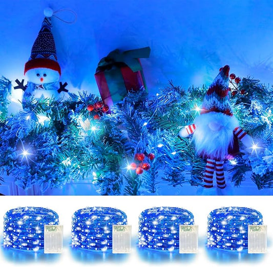 4 Pack 60LED Christmas Fairy Lights Battery Operated - 20FT Twinkle Lights with 2 Lighting Modes Indoor, Waterproof Led Fairy String Lights for Bedroom, Classroom, Dorm, DIY Decor, Blue & White