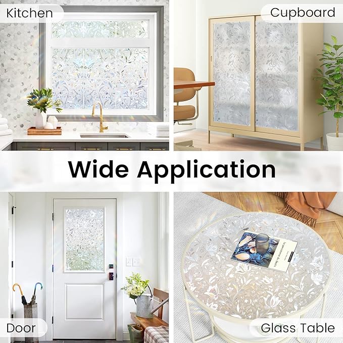 DOWELL Window Privacy Film, 3D Stained Glass Rainbow Films, Decorative Window Vinyl Sun Blocker Door Covering, Static Cling Non-Adhesive Glass Sticker for Home, Blooming Flowers, 17.5"x78.7"