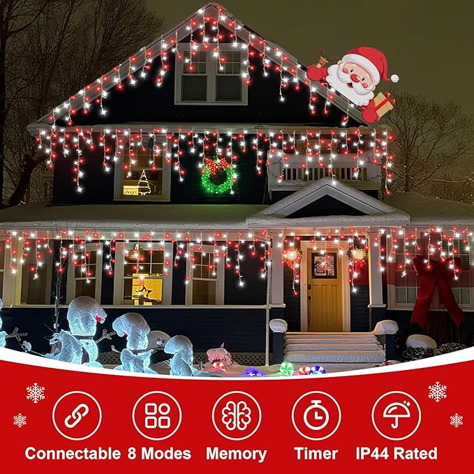 800 LED Icicle Lights Red and White