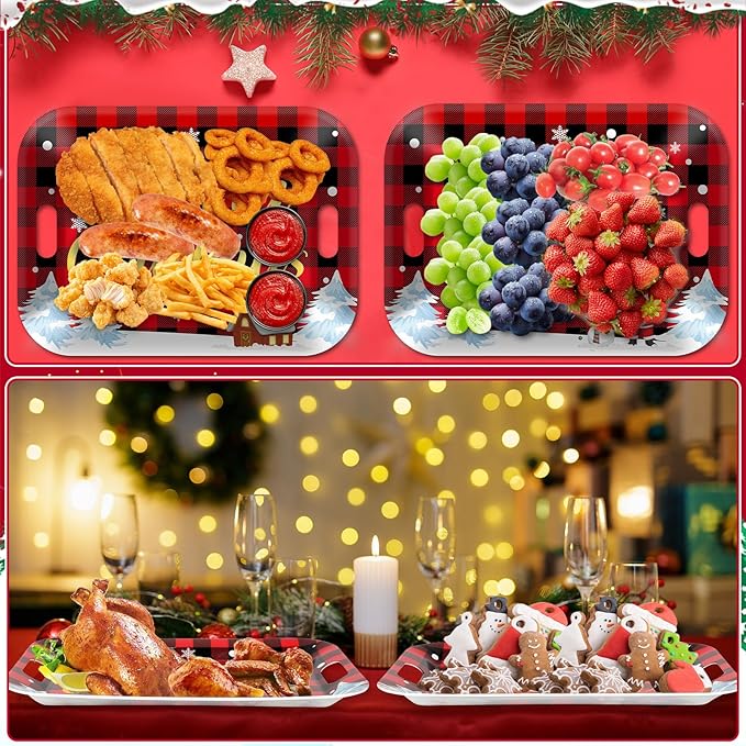 gisgfim 2PCS Christmas Serving Tray with Handles 16 X 11 Inch Large Melamine Platters Serving Dishes Rectangular Buffalo Plaid Xmas Tree Winter Holiday Food Trays for Snack Cookie Candy Dessert Plates