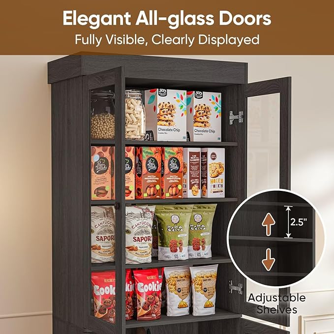 Vyre 71" Tall Farmhouse Bookshelves with Glass Doors, Set of 4 – Large Modular Bookcase with Adjustable Shelves, Storage Cabinet for Living Room, Kitchen, Home Office, Black