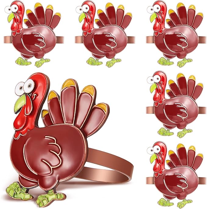 Halatool 6 PCS Thanksgiving Day Colorful Turkey Napkin Ring Funny Metal Festival Napkin Holders for Dinner Table Party Decoration