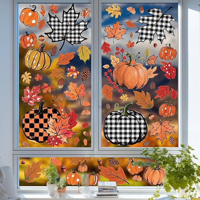 8 Sheets Fall Decorations, 178 Pcs Fall Window Clings, Double Sided Autumn Stickers with Maple Leaves Pumpkin Nuts Pine Cones for Party Thanksgiving Decor Indoor Outdoor Accessories