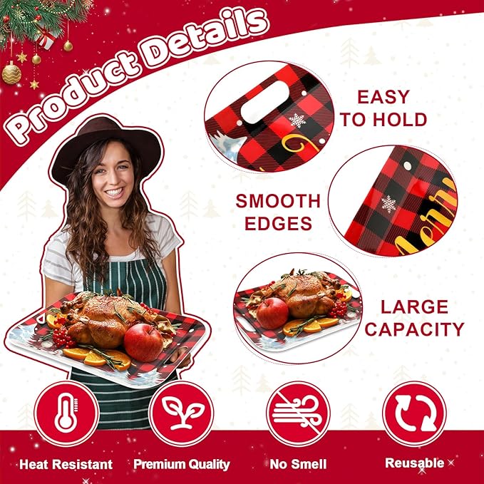 gisgfim 2PCS Christmas Serving Tray with Handles 16 X 11 Inch Large Melamine Platters Serving Dishes Rectangular Buffalo Plaid Xmas Tree Winter Holiday Food Trays for Snack Cookie Candy Dessert Plates