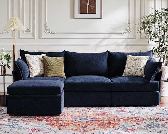 102.6" Modular Sectional Sofa, L Shaped Couch Set for Living Room, 3-Seater Comfy Cloud Couches with Movable Storage Ottoman,DIY Combination - Chenille Blue