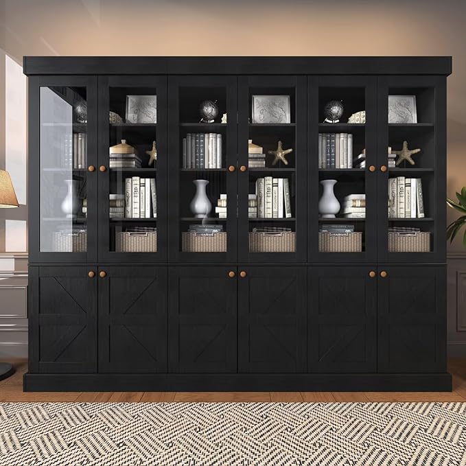 Vyre 71" Tall Farmhouse Bookshelves with Glass Doors, Set of 3 – Large Modular Bookcase with Adjustable Shelves, Storage Cabinet for Living Room, Kitchen, Home Office, Black