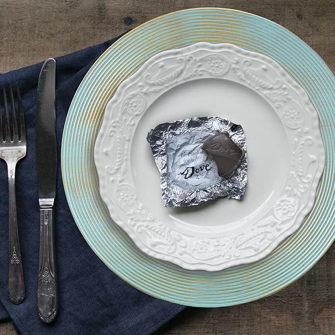 13" Round Charger Plates, 6 pack Ring Pattern Plastic Chargers for Dinner Plates, Vintage Charger Plate Set Bulk Wedding, Turquoise