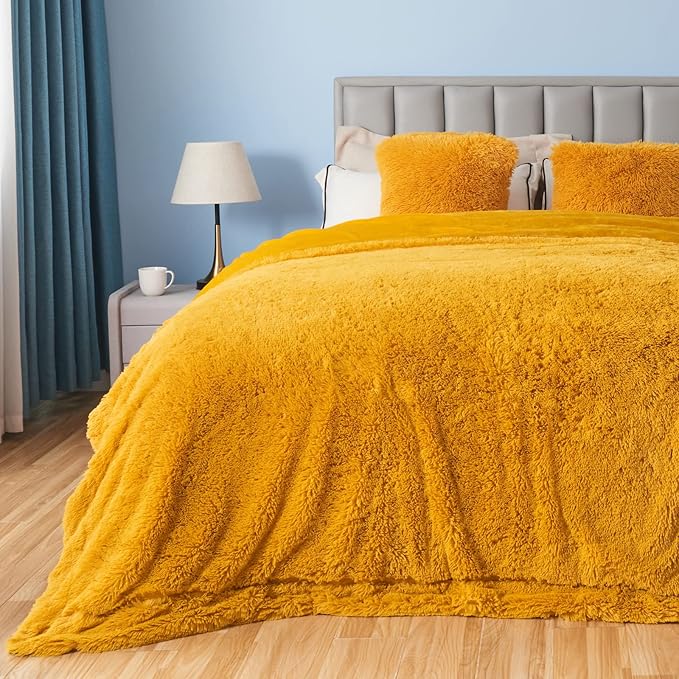 GONAAP Fuzzy Faux Fur Throw Blanket Queen Size Mustard Yellow Super Soft Cozy Plush Fuzzy Shaggy Blanket for Couch Sofa Bed (Mustard Yellow, Queen(90"x90"))