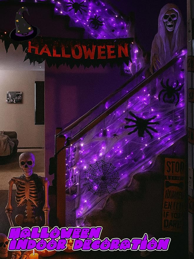 Halloween String Lights Battery Operated with Auto Timer, 33FT 100 LED Waterproof LED Purple String Lights with 8 Modes, Fairy Twinkle Light for Indoor & Outdoor Party Bedroom Halloween Decorations
