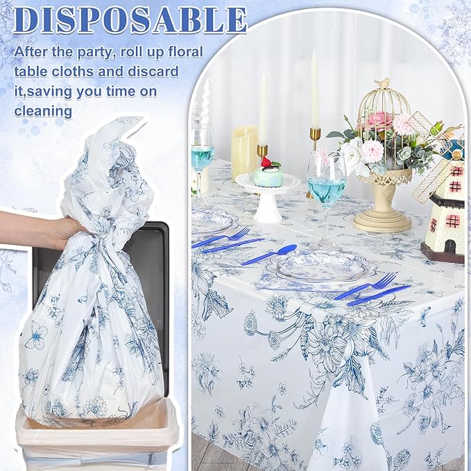 3 Pack Blue Floral Plastic Tablecloths, 54 X 108Inch Tea Party Tablecloth Disposable Vintage Table Cloths Blue and White Porcelain Tables Decor for Birthday Garden Wedding Tea Party Supplies