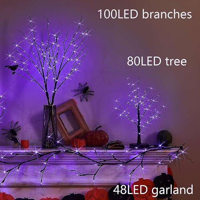 Fudios Lighted Halloween Tree with Timer 80 LED Purple Lights USB Plug or Battery Operated,18in Pre-lit Spooky Black Trees Table Indoor Home Decor