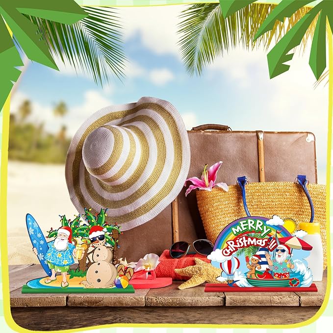 6 Pcs Summer Christmas in July Wooden Table Decoration July Summer Table Centerpiece Sets Decor Christmas Party Supplies Santa Flamingo Palm Tree Beach Party Table Decorations Holiday Xmas Supplies