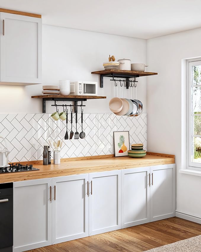 Wall-Mounted Pot Racks, Set of 2 Hanging Pot Rack, Floating Shelves, Wall Shelves, Vintage Pot Hangers for Kitchen, Wall Rack for Kitchen Storage, Rustic Brown and Black TPR26P2BF