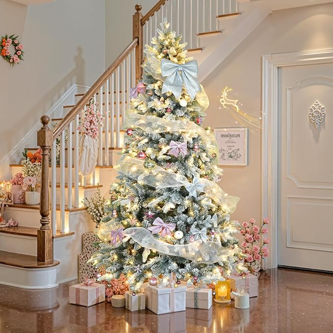 9ft 360° Rotating Pre-Lit Snow Flocked Christmas Tree, Built-in Music, Remote Control, 8 Light-Modes, White Christmas Tree for Home Decor