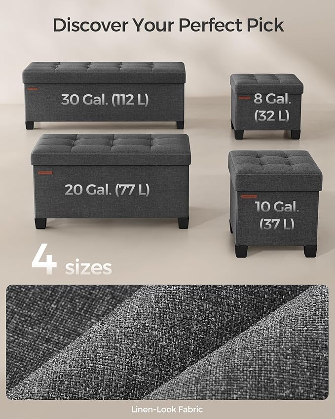 SONGMICS 15 Inches Cube Storage Ottoman, Bedroom Bench with Storage, Foot Stool with Feet, Holds Up to 660 lb, Dark Gray ULSF14GYZ