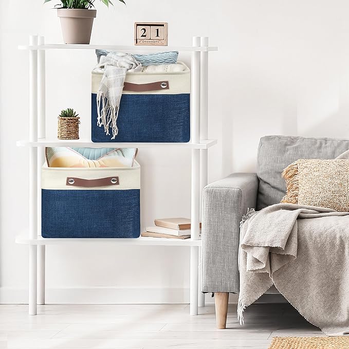 SIMPLE HOUSEWARE Large Fabric Storage Bin, 15" x 11" with Leather Like Handles, 3 Pack, Steel Blue