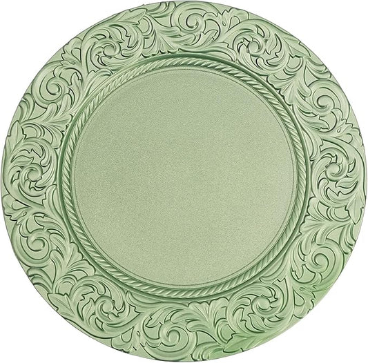 Antique Charger Plates Set 13'' Round Embossed Dinner Plate Chargers Plastic Elegant Floral Plates for Dinner Wedding Party Event Table Kitchen Decoration 100PCS (Green 100Pcs)