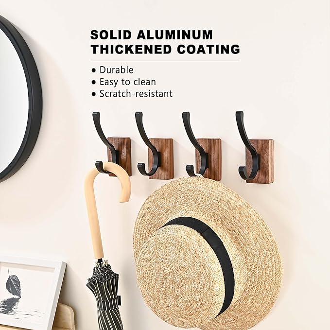 8 Pack Wooden Wall Hooks for Hanging, Adhesive Mounted & Wall Mounted Nature Wood Coat Hooks for Towel Clothes Blanket Hat Backpack Robe Nursery Door Board Entryway Key Holder