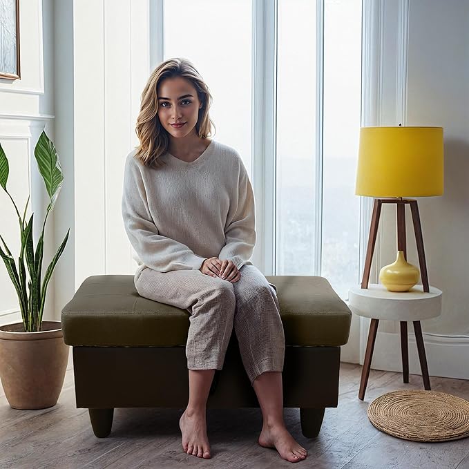 Ottoman Rectangular Storage Ottoman Bench, Flannel Footrest Stool Footstool with Lid for Living Room, Bedroom, Entryway, Taupe&Black, 35"x23.5"x17.5"