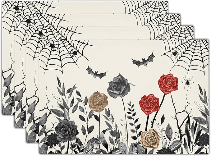 Halloween Placemats Set of 4 12x18 Inch Vintage Black Floral Bat Spider Web Washable Non-Slip Heat Resistant Place Mats Rustic Table Mats for Party Kitchen Dining Room Decor
