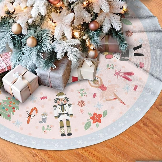 48" Large Christmas Tree Skirt, Cute Nutcracker Candy Pattern Tree Mat Base Cover for Xmas Festive Holiday Party Decoration Ornaments