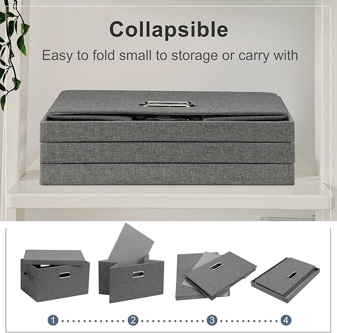 Medium 15" 21 Quart Collapsible Stackable Storage Bins with Lids, 1 Pack Gray Foldable Fabric Closet Storage Boxes with Lids, 4 Handles Heavy-duty Linen Cube Baskets for Bedroom