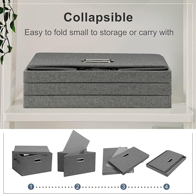 Medium 15" 21 Quart Collapsible Stackable Storage Bins with Lids, 5 Packs Grey Foldable Fabric Closet Boxes Heavy-duty Linen Cube Baskets Container for Bedroom Office (15 x 11 x 8)