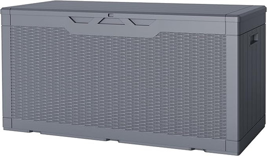 JUMMICO 100 Gallon Resin Deck Box, Waterproof Outdoor Storage Box with Lockable Lid for Garden Tools, Patio Cushions (Gray)