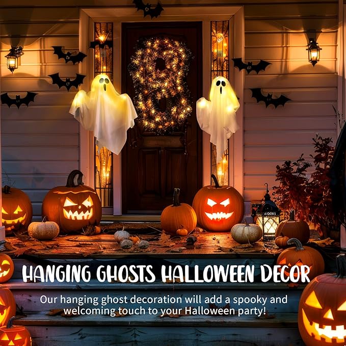 2Packs Hanging Ghosts Halloween Decor, LED Light Up Halloween Ghost Decorations, Spooky Cute Ghost Ornaments for Home Tree Garden Front Porch Yard Fall Party Holiday Decoration Outdoor 19.6", White