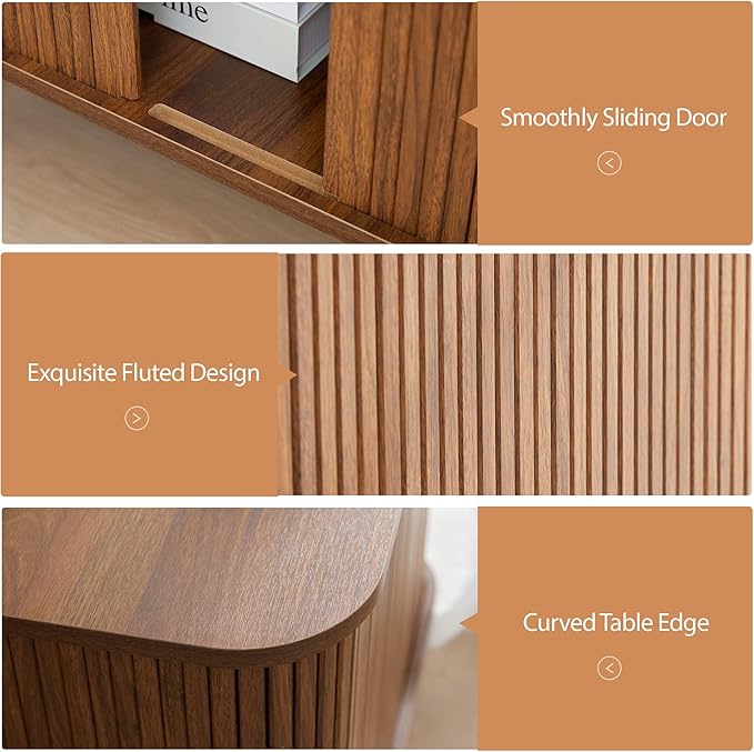 Farmhouse Square End Table with Charging Station, 24" Large Fluted Sofa Side Table with Sliding Tambour Door and Storage, Rustic Curved Wood Nightstand for Living Room, Bedroom, Walnut