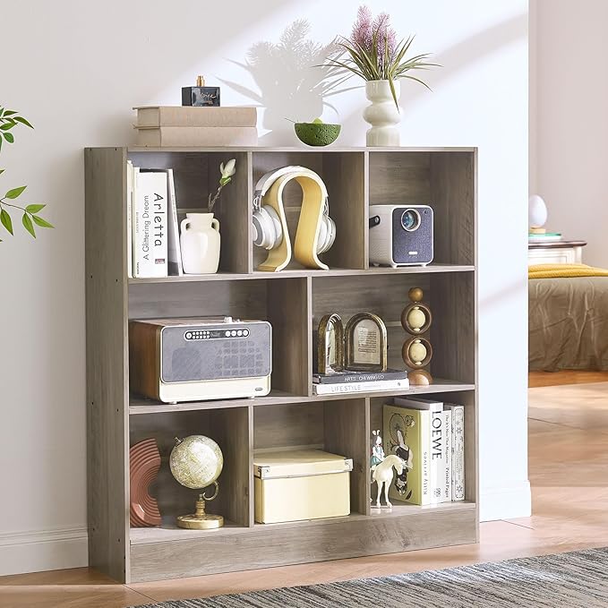 LEYAOYAO 8 Cube Bookshelf with Base,3 Tier Mid-Century Modern Grey Bookcase,Standing Wide Bookshelves Storage Organizer Shelf,Rustic Wood Display Cabinet Book Shelves for Bedroom,Living Room,Office