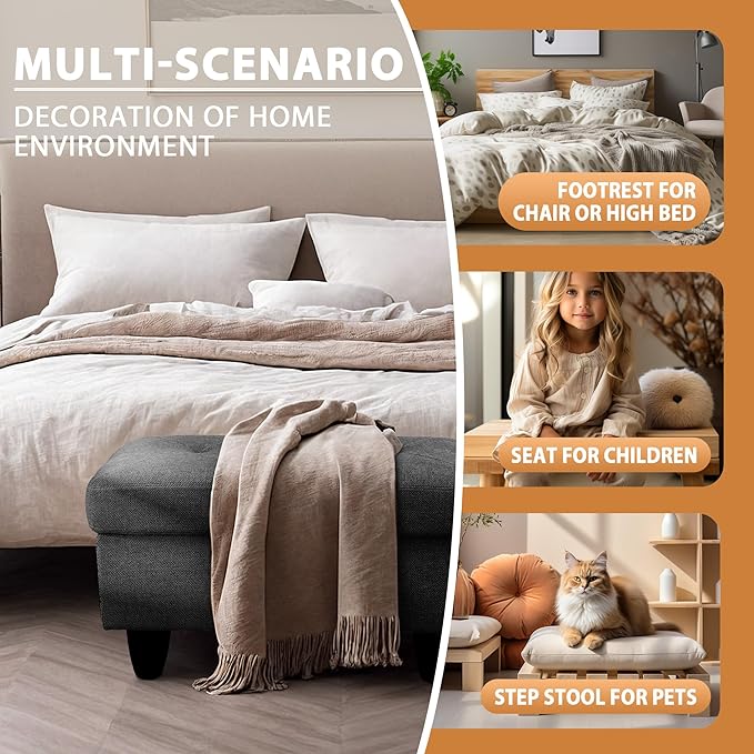 Ottoman Rectangular Storage Ottoman Bench, Flannel Footrest Stool Footstool with Lid for Living Room, Bedroom, Entryway, Black Gray, 28.5"x19"x17.5"