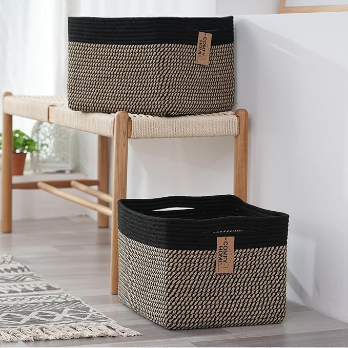 COMFY-HOMI Cotton Rope Woven Basket with Handles for Shelves,Toys,Book, Cloth Storage Baskets Bin for Organizing-13.5"x11"x9.5" Toy Decorative Organizer for Living Room, Bathroom-Black/Jute