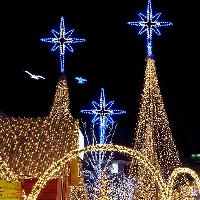 28" Christmas Star of Bethlehem LED Star Hanging Lights Nativity Holy Family Light for Door Window Porch Wall Decoration Plug Operated Lighted Hanging Tree Topper(Blue, White)