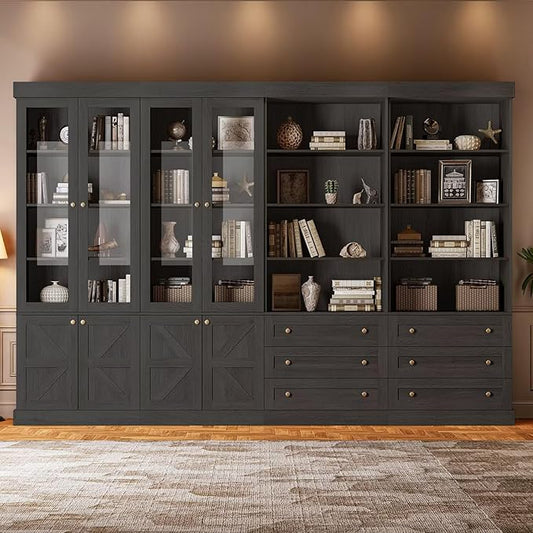 Vyre 71" Tall Farmhouse Bookshelves with Glass Doors and Drawers, Set of 4 – Large Modular Bookcase with Adjustable Shelves, Storage Cabinet for Living Room, Kitchen, Black