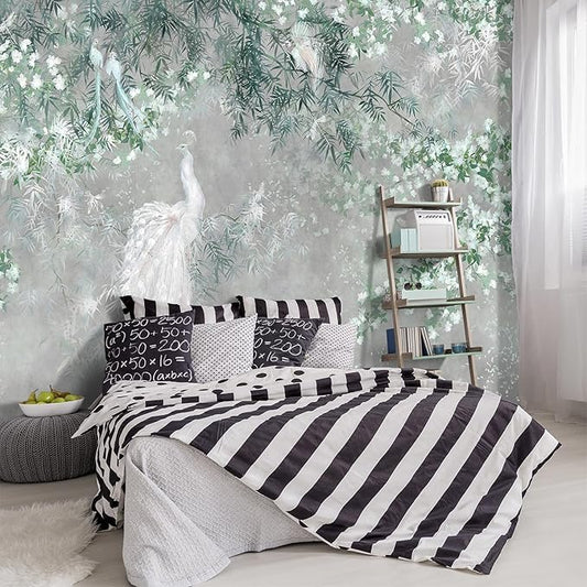 '-Green Leaf Botanical Peacock Fabric Wallpaper Wallpaper Living Room Bedroom Bathroom Grey Plant Large Wall Mural- 137"x96"（ not Peel and Stick）