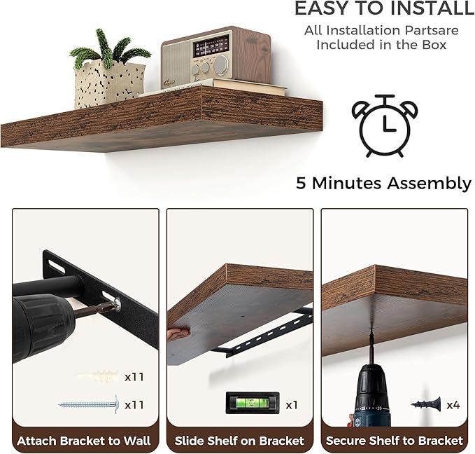 Floating Shelves for Wall, Large Wall Mounted Shelves with Invisible Brackets, Long Wood Floating Shelf for Living Room, Bedroom, Kitchen, (Brown, 55" W x 9" D x 1.5" H)