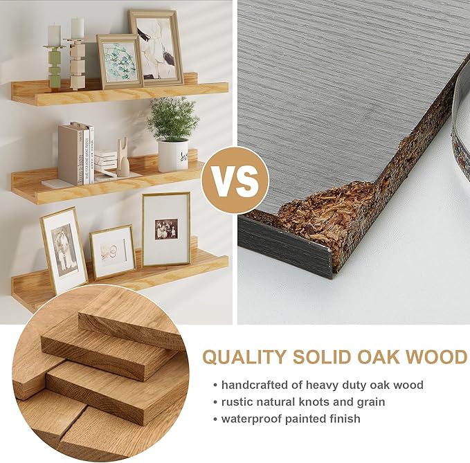 Floating Picture Ledge Shelves 48 Inch Solid Oak Wood Set of 2, Rustic Wall Storage Shelves with Lip, Kids Bookshelf, Photo & Picture Ledge Shelves for Bedroom, Living Room, Kitchen