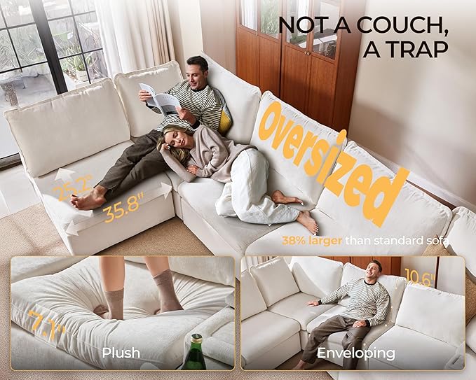 Oversized Modular Sofa Comfy Cloud Couch with Storage, Extra Deep Plush Sectional Sofa Set for Living Room, Covers Washable, Chenille, Olar (White, 4-Seater with Ottoman, l-Shaped)