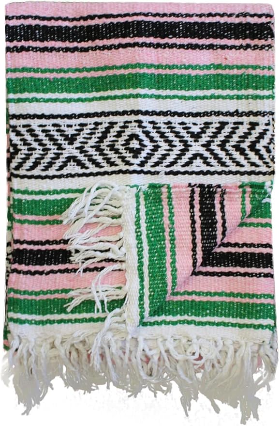 Del Mex Classic Mexican Blanket, Large Authentic Woven Falsa Throw (70"x50"), Artisan Southwest Décor for Beach, Yoga, Outdoors (Green/Pink)